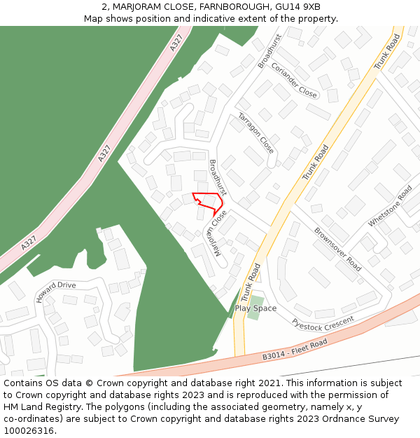 2, MARJORAM CLOSE, FARNBOROUGH, GU14 9XB: Location map and indicative extent of plot