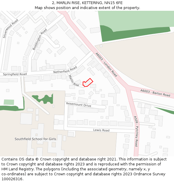 2, MARLIN RISE, KETTERING, NN15 6FE: Location map and indicative extent of plot