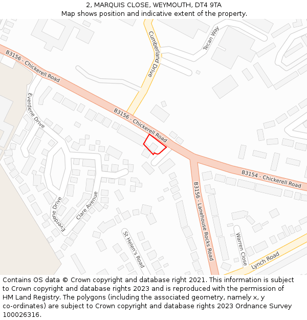 2, MARQUIS CLOSE, WEYMOUTH, DT4 9TA: Location map and indicative extent of plot