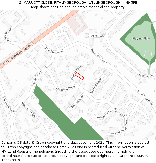 2, MARRIOTT CLOSE, IRTHLINGBOROUGH, WELLINGBOROUGH, NN9 5RB: Location map and indicative extent of plot