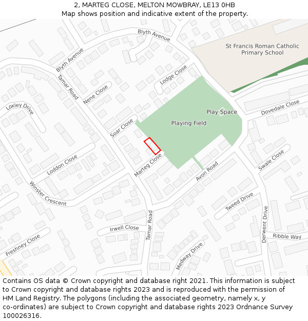 2, MARTEG CLOSE, MELTON MOWBRAY, LE13 0HB: Location map and indicative extent of plot