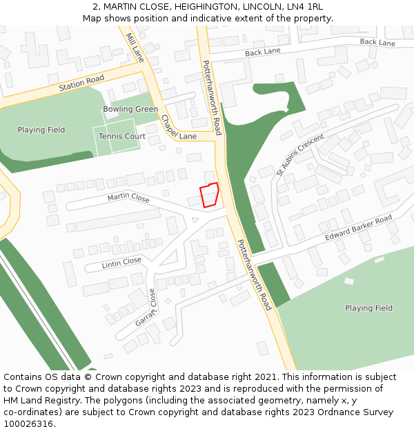 2, MARTIN CLOSE, HEIGHINGTON, LINCOLN, LN4 1RL: Location map and indicative extent of plot