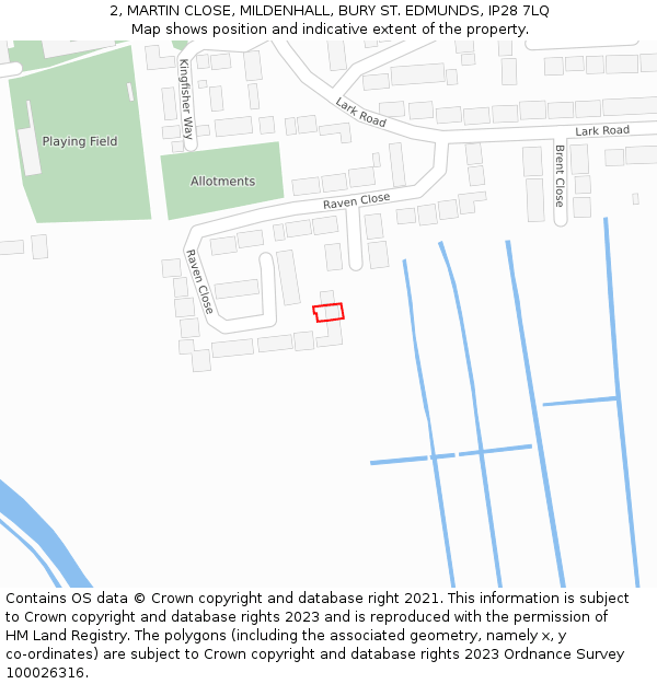 2, MARTIN CLOSE, MILDENHALL, BURY ST. EDMUNDS, IP28 7LQ: Location map and indicative extent of plot