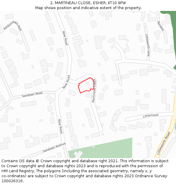 2, MARTINEAU CLOSE, ESHER, KT10 9PW: Location map and indicative extent of plot