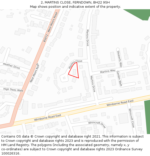 2, MARTINS CLOSE, FERNDOWN, BH22 9SH: Location map and indicative extent of plot