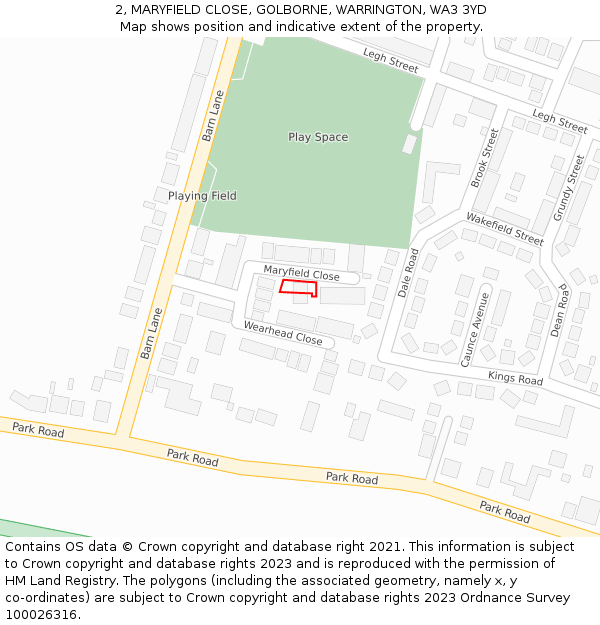 2, MARYFIELD CLOSE, GOLBORNE, WARRINGTON, WA3 3YD: Location map and indicative extent of plot