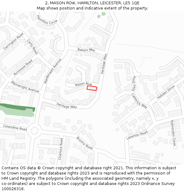 2, MASON ROW, HAMILTON, LEICESTER, LE5 1QE: Location map and indicative extent of plot