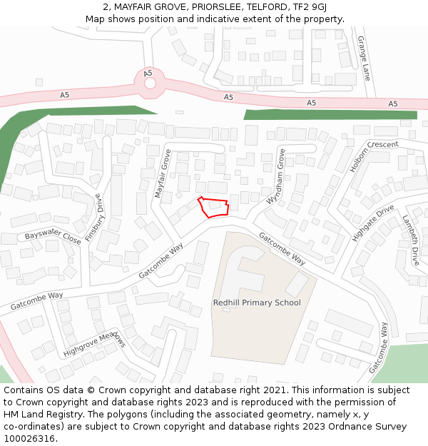 2, MAYFAIR GROVE, PRIORSLEE, TELFORD, TF2 9GJ: Location map and indicative extent of plot