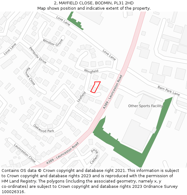 2, MAYFIELD CLOSE, BODMIN, PL31 2HD: Location map and indicative extent of plot