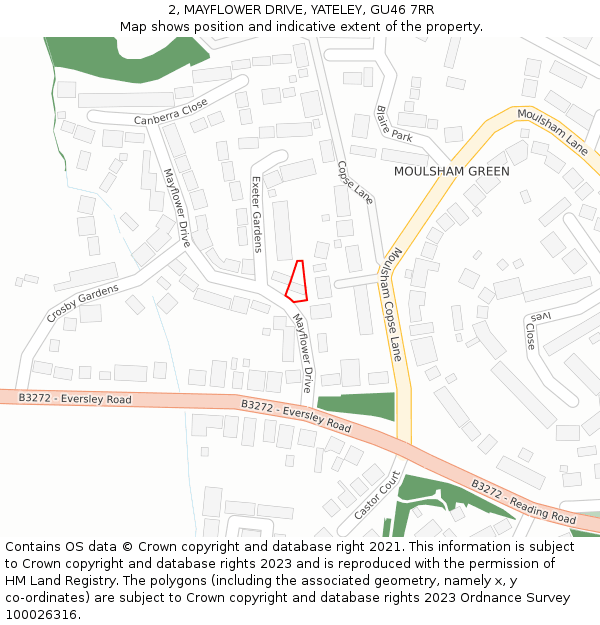 2, MAYFLOWER DRIVE, YATELEY, GU46 7RR: Location map and indicative extent of plot