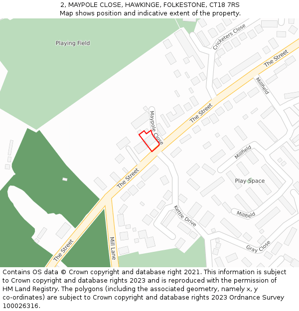 2, MAYPOLE CLOSE, HAWKINGE, FOLKESTONE, CT18 7RS: Location map and indicative extent of plot