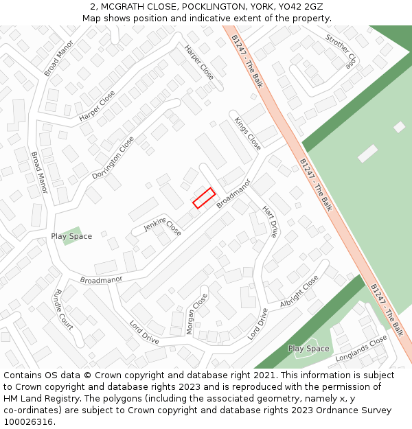 2, MCGRATH CLOSE, POCKLINGTON, YORK, YO42 2GZ: Location map and indicative extent of plot