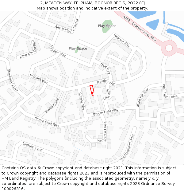 2, MEADEN WAY, FELPHAM, BOGNOR REGIS, PO22 8FJ: Location map and indicative extent of plot