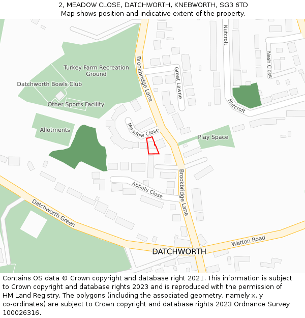 2, MEADOW CLOSE, DATCHWORTH, KNEBWORTH, SG3 6TD: Location map and indicative extent of plot