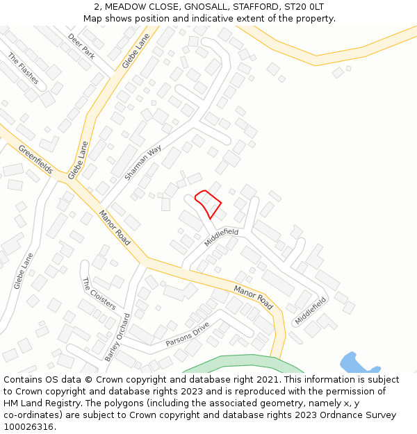 2, MEADOW CLOSE, GNOSALL, STAFFORD, ST20 0LT: Location map and indicative extent of plot