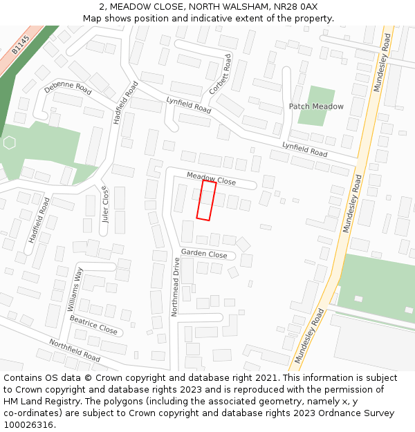 2, MEADOW CLOSE, NORTH WALSHAM, NR28 0AX: Location map and indicative extent of plot