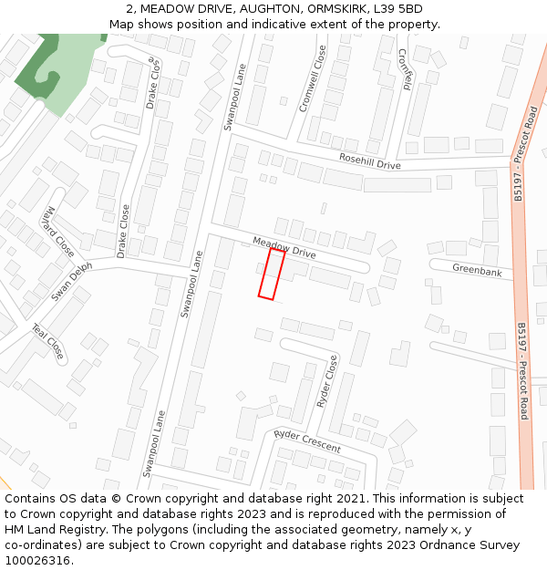 2, MEADOW DRIVE, AUGHTON, ORMSKIRK, L39 5BD: Location map and indicative extent of plot