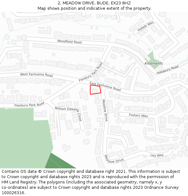2, MEADOW DRIVE, BUDE, EX23 8HZ: Location map and indicative extent of plot