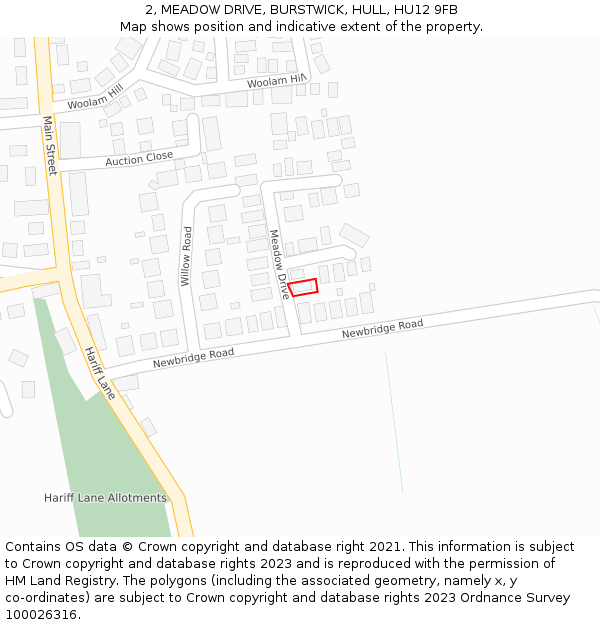 2, MEADOW DRIVE, BURSTWICK, HULL, HU12 9FB: Location map and indicative extent of plot