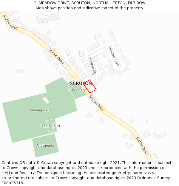 2, MEADOW DRIVE, SCRUTON, NORTHALLERTON, DL7 0QW: Location map and indicative extent of plot