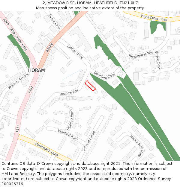 2, MEADOW RISE, HORAM, HEATHFIELD, TN21 0LZ: Location map and indicative extent of plot