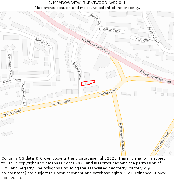 2, MEADOW VIEW, BURNTWOOD, WS7 0HL: Location map and indicative extent of plot