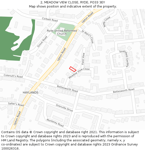 2, MEADOW VIEW CLOSE, RYDE, PO33 3EY: Location map and indicative extent of plot