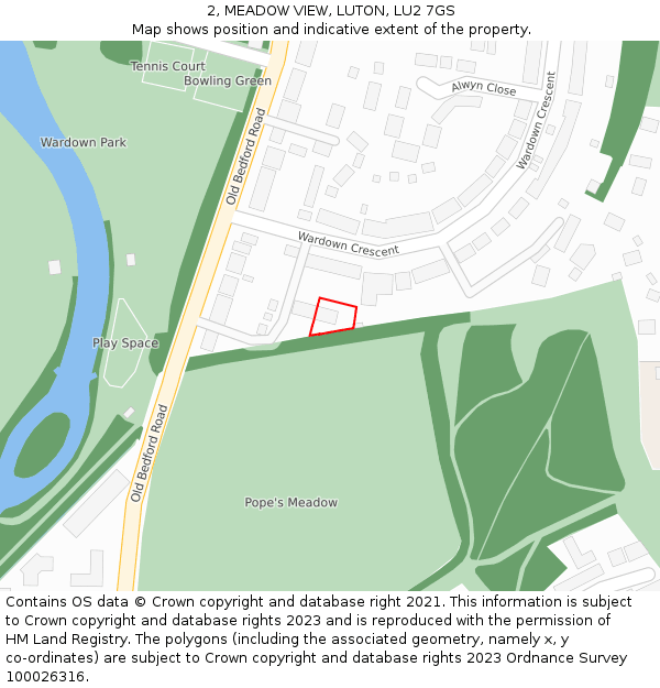 2, MEADOW VIEW, LUTON, LU2 7GS: Location map and indicative extent of plot