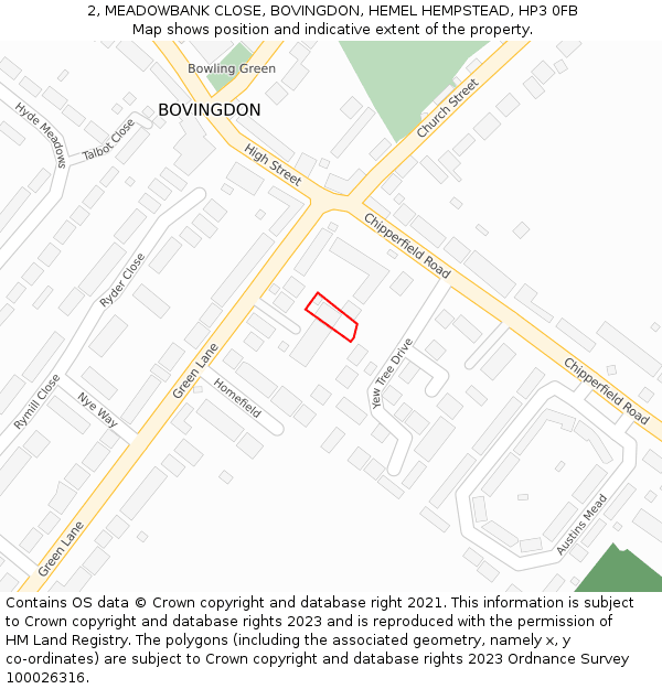 2, MEADOWBANK CLOSE, BOVINGDON, HEMEL HEMPSTEAD, HP3 0FB: Location map and indicative extent of plot