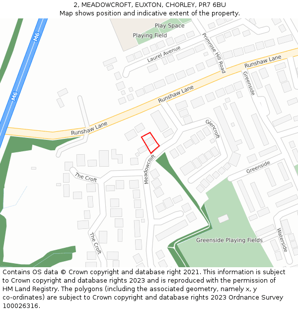 2, MEADOWCROFT, EUXTON, CHORLEY, PR7 6BU: Location map and indicative extent of plot