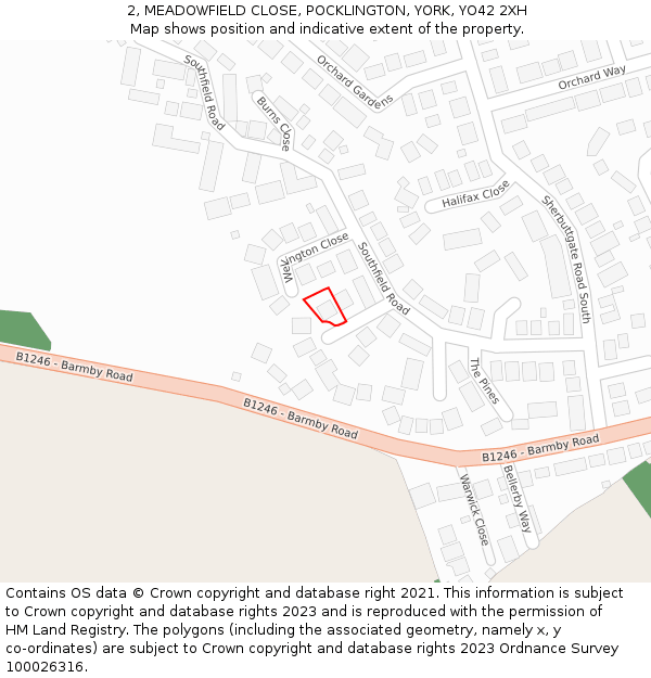 2, MEADOWFIELD CLOSE, POCKLINGTON, YORK, YO42 2XH: Location map and indicative extent of plot