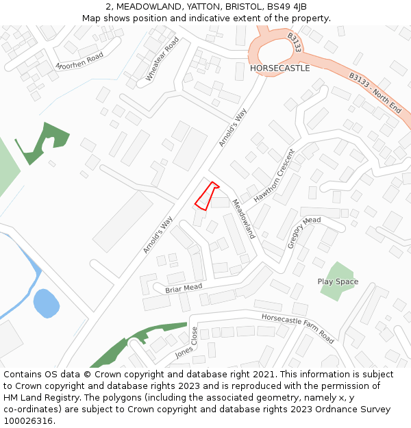 2, MEADOWLAND, YATTON, BRISTOL, BS49 4JB: Location map and indicative extent of plot