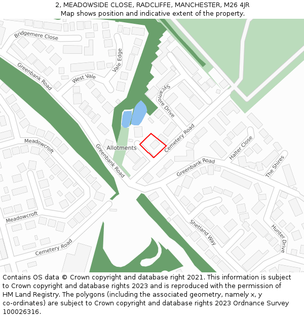 2, MEADOWSIDE CLOSE, RADCLIFFE, MANCHESTER, M26 4JR: Location map and indicative extent of plot