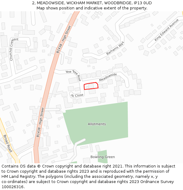 2, MEADOWSIDE, WICKHAM MARKET, WOODBRIDGE, IP13 0UD: Location map and indicative extent of plot