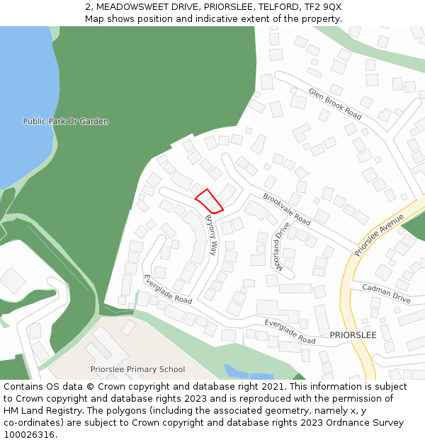 2, MEADOWSWEET DRIVE, PRIORSLEE, TELFORD, TF2 9QX: Location map and indicative extent of plot