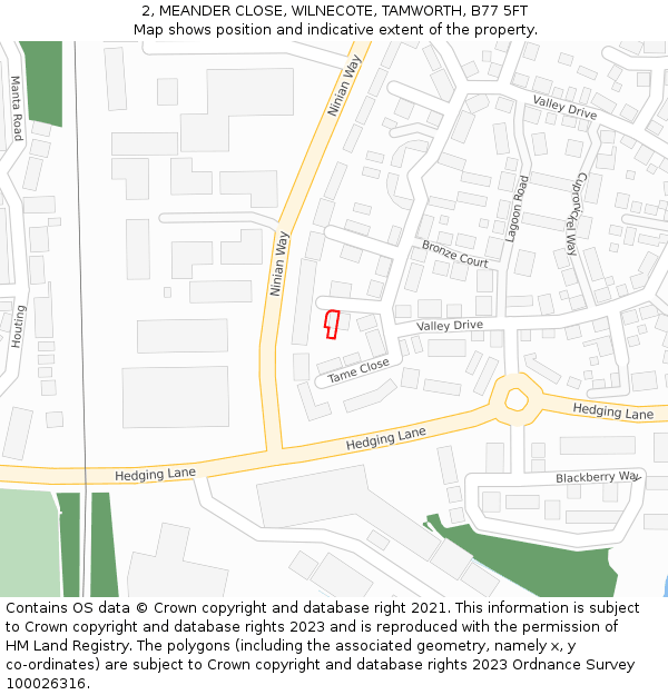 2, MEANDER CLOSE, WILNECOTE, TAMWORTH, B77 5FT: Location map and indicative extent of plot