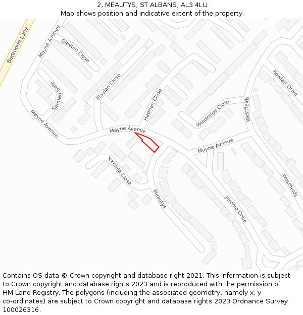 2, MEAUTYS, ST ALBANS, AL3 4LU: Location map and indicative extent of plot