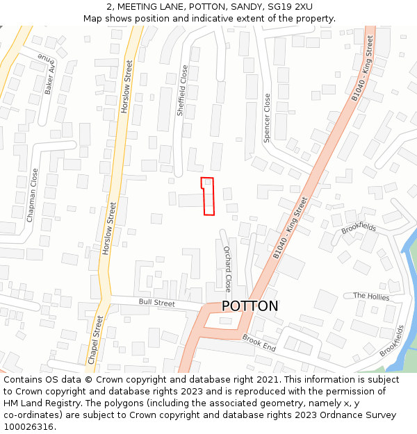 2, MEETING LANE, POTTON, SANDY, SG19 2XU: Location map and indicative extent of plot