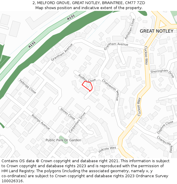 2, MELFORD GROVE, GREAT NOTLEY, BRAINTREE, CM77 7ZD: Location map and indicative extent of plot
