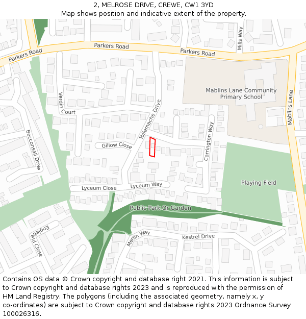 2, MELROSE DRIVE, CREWE, CW1 3YD: Location map and indicative extent of plot