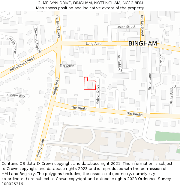 2, MELVYN DRIVE, BINGHAM, NOTTINGHAM, NG13 8BN: Location map and indicative extent of plot