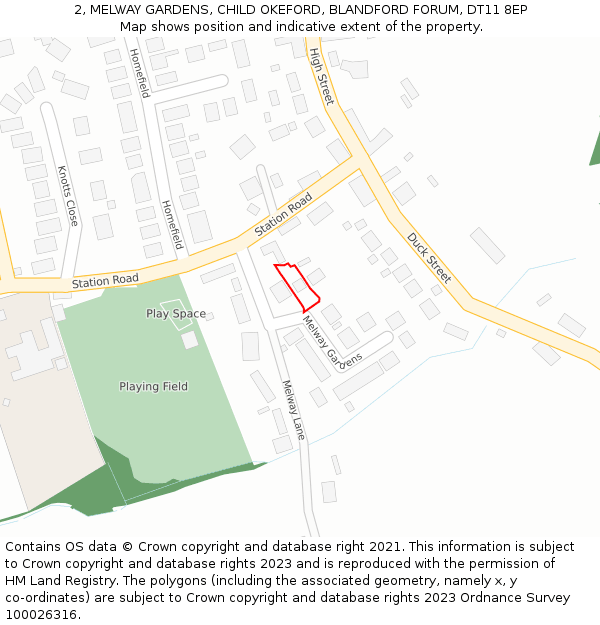 2, MELWAY GARDENS, CHILD OKEFORD, BLANDFORD FORUM, DT11 8EP: Location map and indicative extent of plot