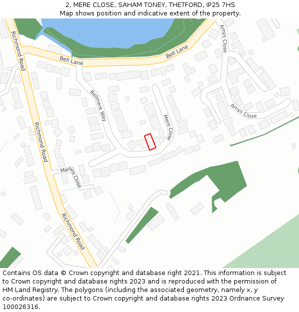 2, MERE CLOSE, SAHAM TONEY, THETFORD, IP25 7HS: Location map and indicative extent of plot