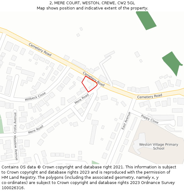 2, MERE COURT, WESTON, CREWE, CW2 5GL: Location map and indicative extent of plot