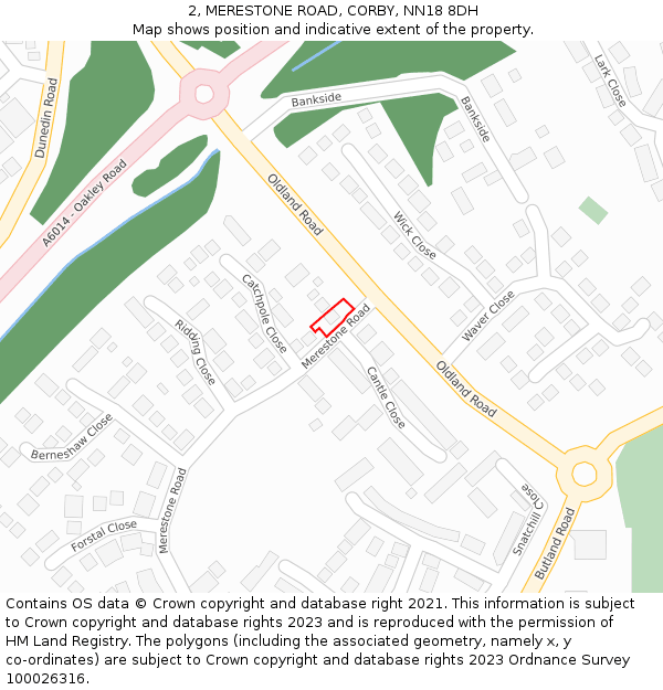 2, MERESTONE ROAD, CORBY, NN18 8DH: Location map and indicative extent of plot