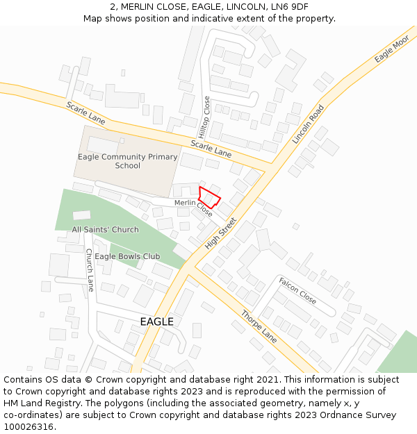 2, MERLIN CLOSE, EAGLE, LINCOLN, LN6 9DF: Location map and indicative extent of plot