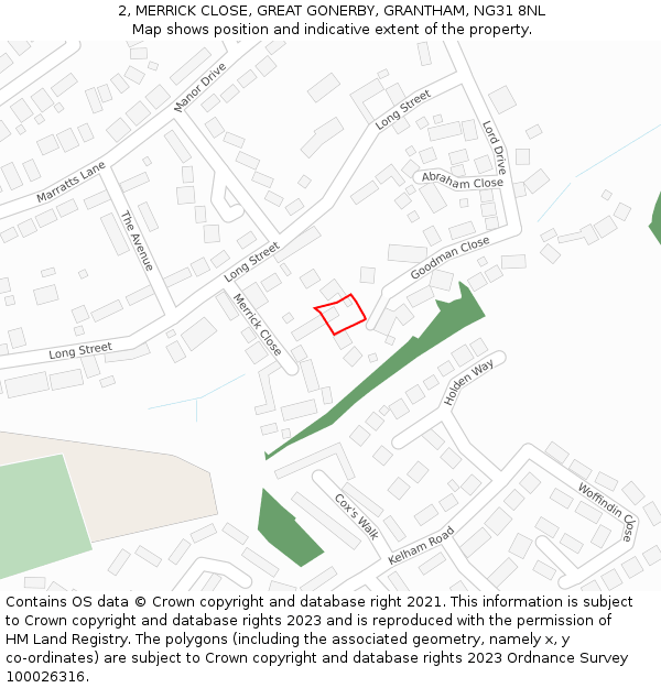 2, MERRICK CLOSE, GREAT GONERBY, GRANTHAM, NG31 8NL: Location map and indicative extent of plot