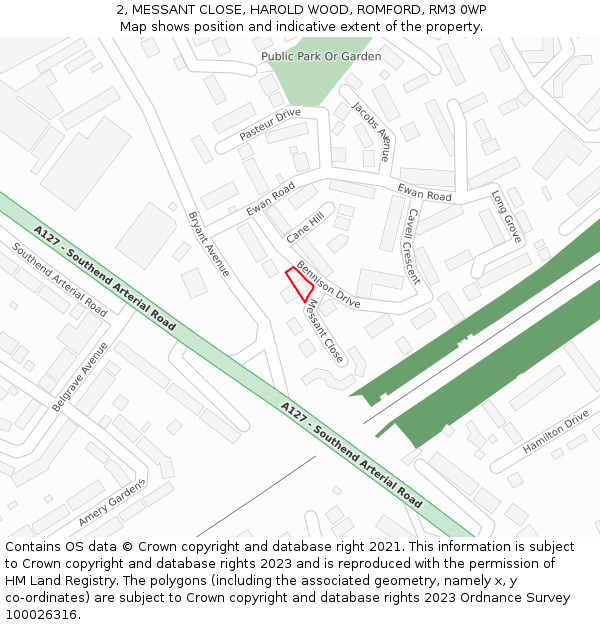 2, MESSANT CLOSE, HAROLD WOOD, ROMFORD, RM3 0WP: Location map and indicative extent of plot