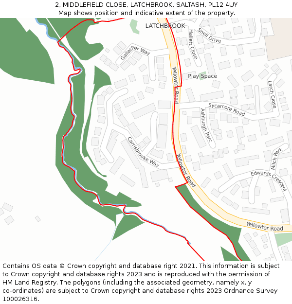 2, MIDDLEFIELD CLOSE, LATCHBROOK, SALTASH, PL12 4UY: Location map and indicative extent of plot