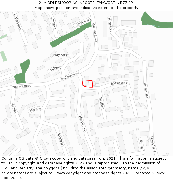 2, MIDDLESMOOR, WILNECOTE, TAMWORTH, B77 4PL: Location map and indicative extent of plot